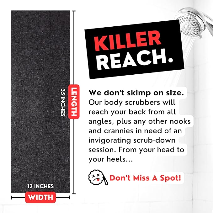 Extra Rough Exfoliating Washcloth - Extreme Body & Back Scrubber for Shower, Extra Long, Hygienic Exfoliator Wash Cloth, Men Or Women, 2 Count Pack, 1 Black & 1 Grey Color, Bye Bye Loofah