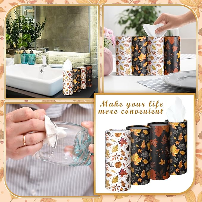 Fourluoo 12 Pack Fall Maple Leaf Tissue Boxes for Car Cylinder Bulk Autumn Round Cylinder Holder with 3 Ply Facial Tissues for Thanksgiving Day Travel Home Bathroom Office Accessories