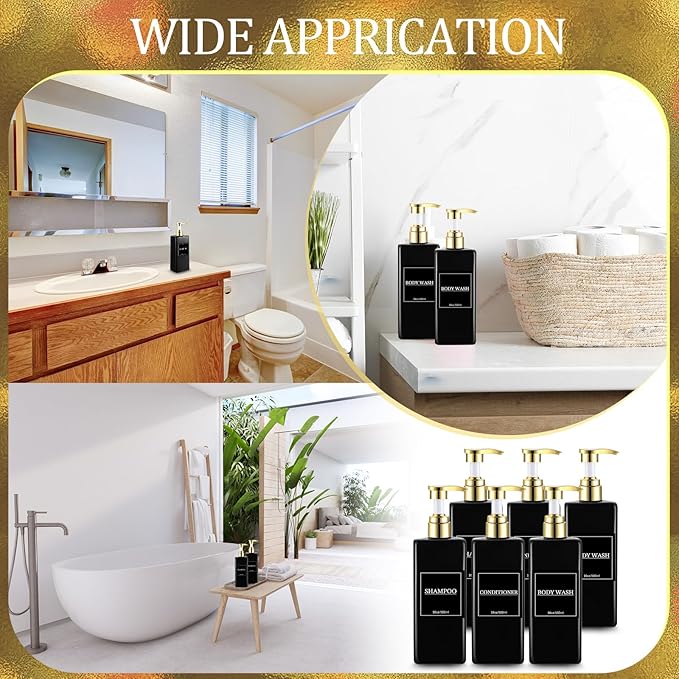 Gejoy 12 Pack Black Shampoo and Conditioner Dispenser Bottles, 17 Oz/ 500ml Refillable Empty Pump Bottles with Labels and Marker Pen, Plastic Square Pump Dispenser Bottle for Bathroom Body Wash Shower