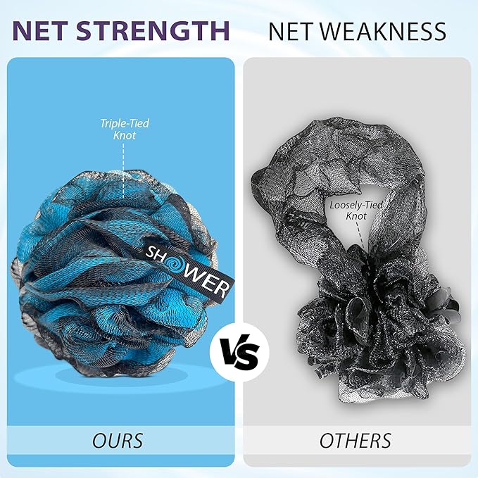 SHOWER BOUQUET Loofah-Charcoal Bath-Sponge XL-4-Pack-Blue-Green // Extra Large 75g Soft Mesh Color & Black Lufa Loofa Loufa Puff Set/Exfoliating Body Scrubber for Women and Men - Exfoliate & Soothe