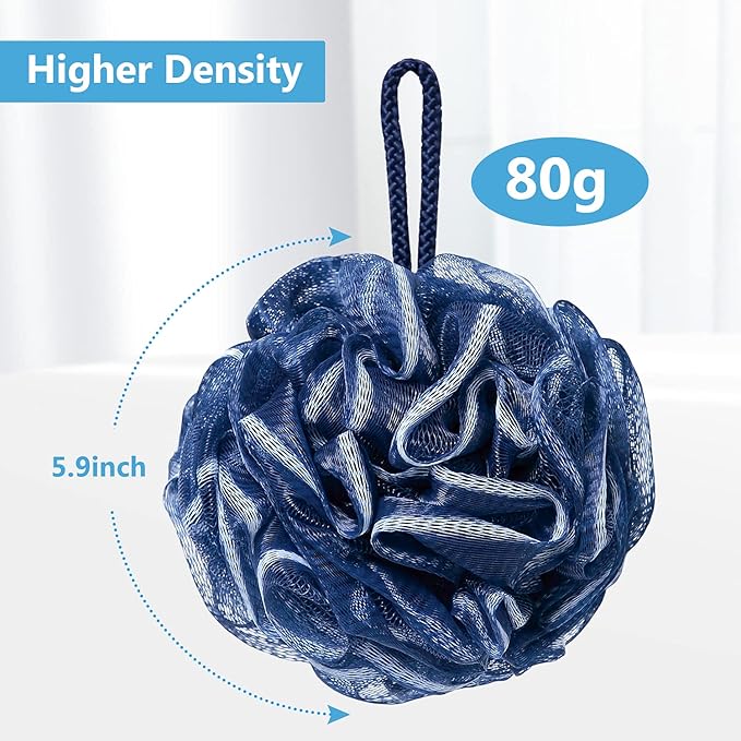 VANZAVANZU Bath Loofah Large 80g Shower Sponge Body Scrubber Mesh Pouf for Men and Women, Set of 4 (Navy Blue)