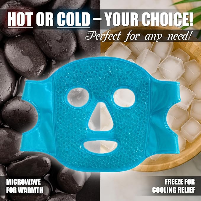 Cold Hot Gel Face Eye Mask - Reduce Puffy Dark Circles Bags Under Eyes Migraines Stress Relief - Heat Ice Therapy Pack Compress - Sinus Pressure Acne Headaches Relaxation (Blue)