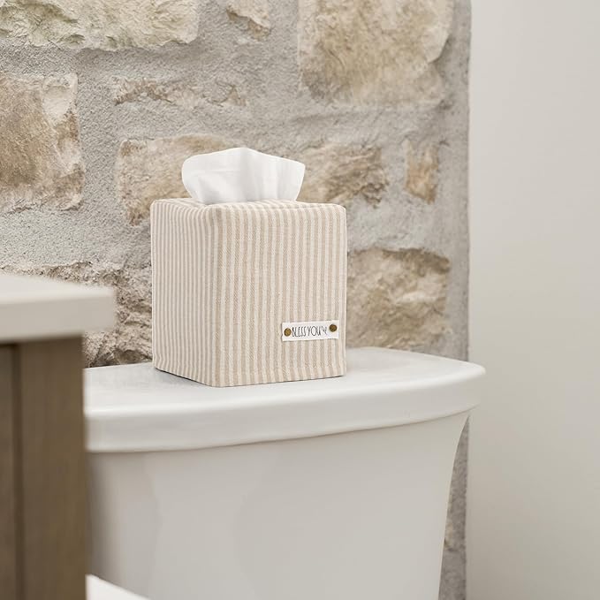 Stylish Tissue Box Cover - This Beige Striped Linen Holder Instantly Covers Your Square Tissue Boxes - The Perfect Cube Cover for Your Bathroom and Home