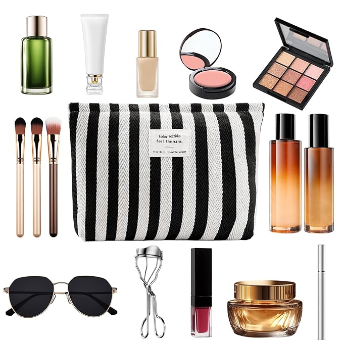 ZLFSRQ Striped Makeup Bag Large Canvas Travel Makeup Bag for Women Cosmetic Pouch Cute Black Striped Make Up Pouch for Purse Y2k Aesthetic Trendy Zippered Toiletry Bags Gift Skincare Storage Organizer
