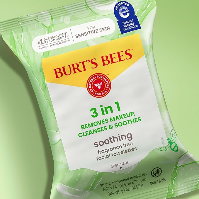 Burt's Bees Aloe Vera Face Wipes, for Sensitive Skin, Soothing Makeup Remover & Facial Cleansing Towelettes, 30 Ct. (18-Pack)