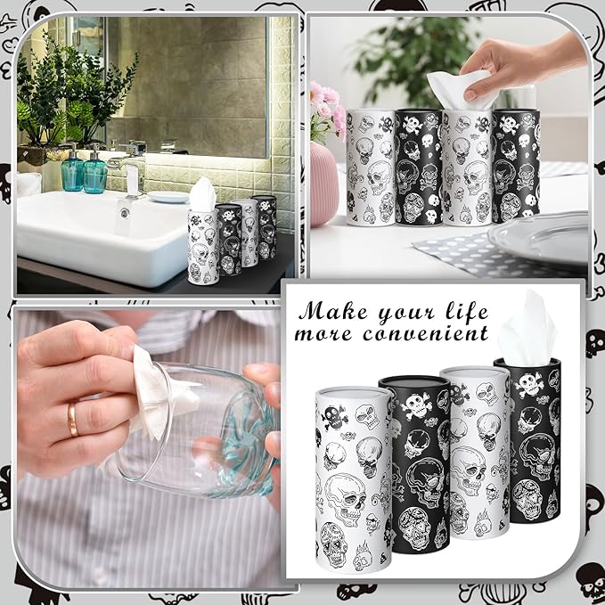 Fourluoo 12 Pack Skull Cylinder Tissues for Car Bulk Gothic Skeleton Round Cylinder Holder with 3 Ply Facial Tissues for Travel Home Bathroom Office Accessories