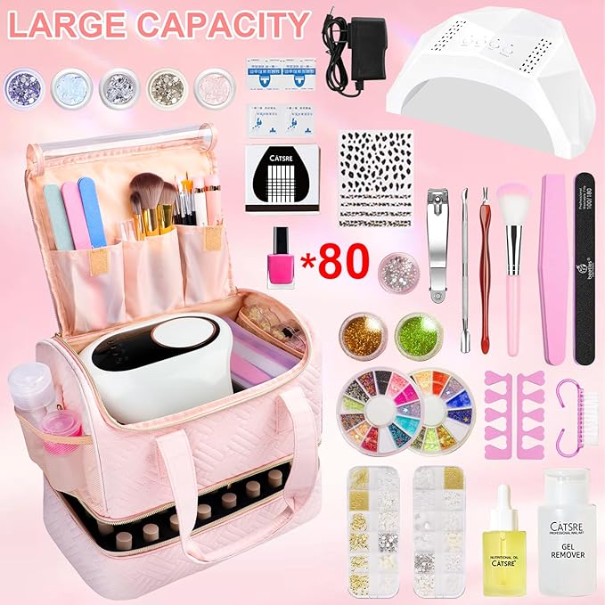 Nail Polish Organizer Bag Holds 80 Bottles (15ml/0.5fl.oz)& Nail Lamp, Soft Velvet Nail Kit Storage Carrying Case with Shoulder Strap, Double Layer Nail Supplies Organizer Handbag Women (Pink)