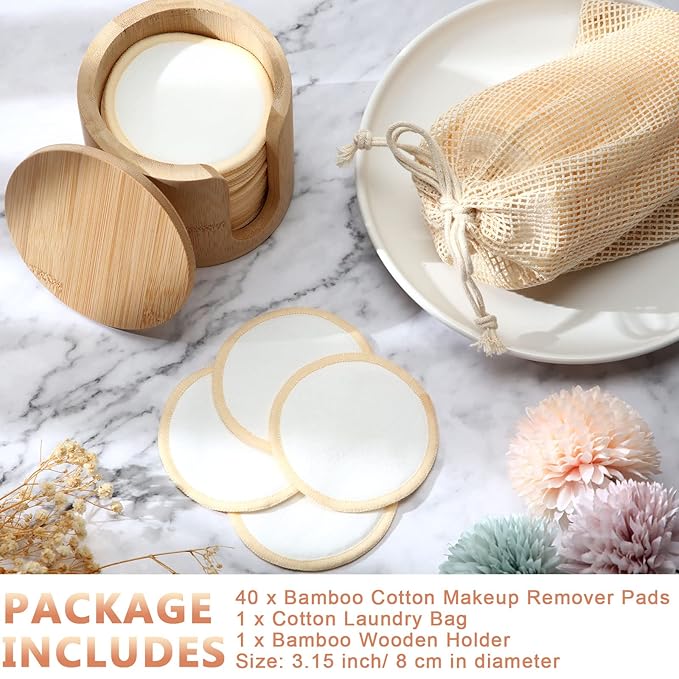 Foaincore 40 Pcs Reusable Makeup Remover Pads with Mesh Storage Bag and Bamboo Box Washable Bamboo Cotton Rounds Soft Reusable Face Pad for Toner Skin Various Skin Care Products(White, Tan)