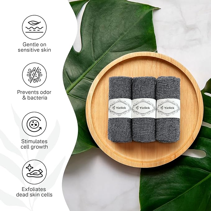 Yiclick 3 Pack Exfoliating Washcloth Towels - Exfoliating Body Scrubber Exfoliator, Back Scrubber for Use in Shower Bath, Japanese & Korean Scrub Wash Cloths, Loofah Lufa Sponge Washer for Women Men