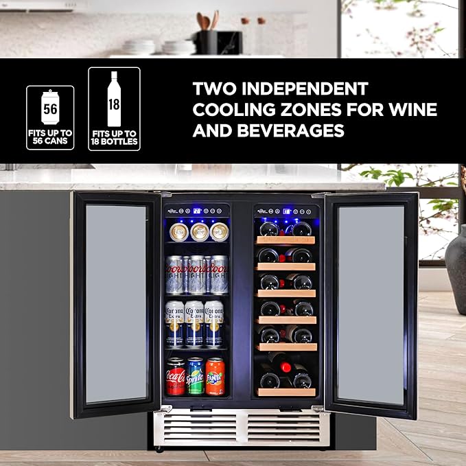 Koolatron 18 Bottle 56 Can Wine Fridge – Wine Cooler with Glass Door, 150 L Beverage Can Refrigerator, Digital Temperature Control/Dual temperature zone, Ideal for White,Red & Sparkling Wine