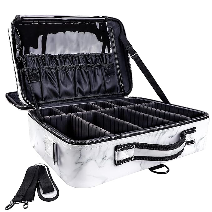 gzcz Large Capacity Travel Makeup Case Organizer,Professional Cosmetic Bags for Women,Waterproof PU Leather Makeup Bag with Adjustable Dividers and Shoulder Strap for Brushes and Jewelry