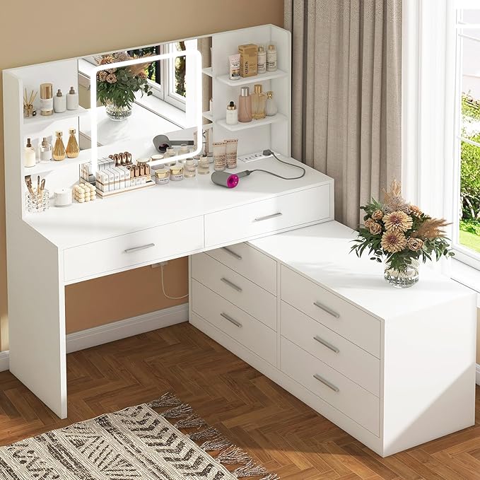 Quimoo Vanity Desk with LED Lighted Mirror & Power Outlet, Modern Corner Makeup Vanity Table with 8 Drawers & Open Shelves, Dressing Table for Bedroom, Makeup Room, White