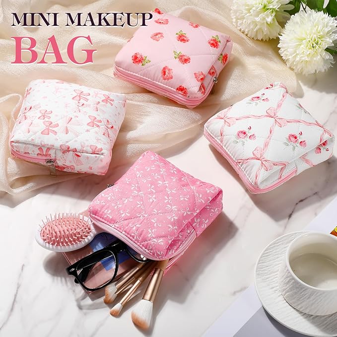 Paterr 4 Pcs Mini Quilted Floral Makeup Bag Women Gifts Small Cosmetic Bag Floral Quilted Makeup Pouch with Zipper Cute Travel Toiletry for Mom Teacher Women Girls Gifts(Pink Bow, Flower)