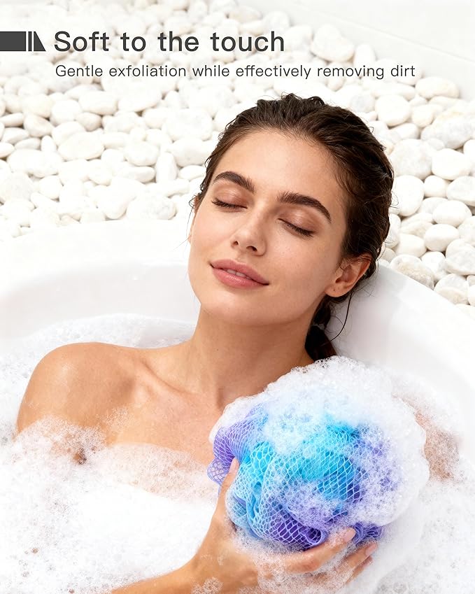 Loofah Sponge 70g, 6.3 Inch Large Exfoliating Bath Sponge, Soft Durable PE Mesh with Reinforced Knotting, Rich Lather Bath Scrubber for Body, for Travel or as a Holiday Gift (4Pack, Green-Blue)