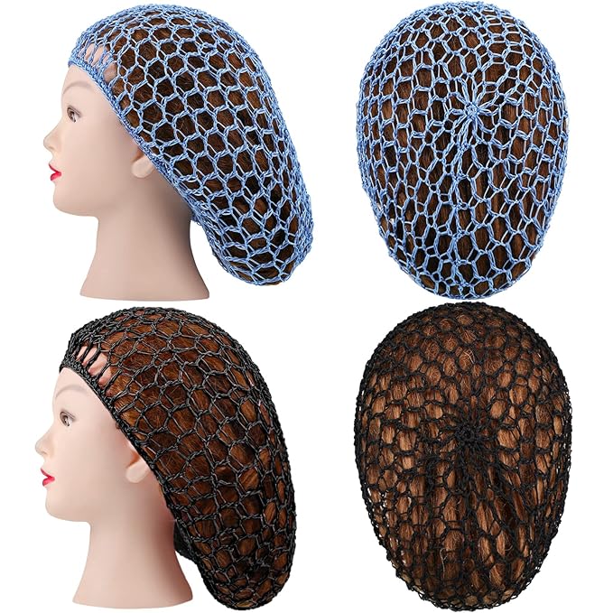 Waydress 2 Pieces Mesh Hair Net Rayon Knit Snood Women Crocheted Sleep Cap (Black, Blue)