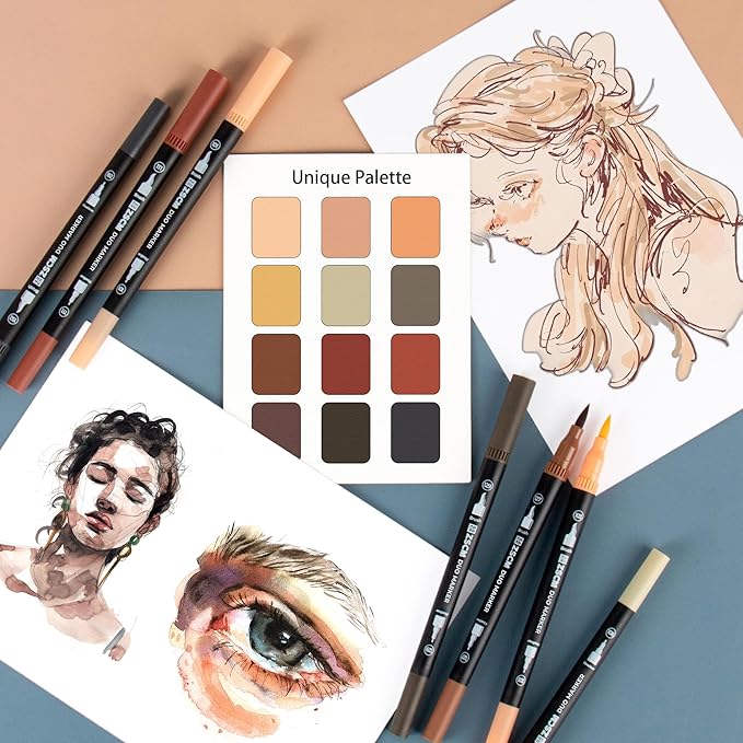 Skin Tone Duo Tip Marker Pens, 12 Pack Fine & Brush Markers for Adult Coloring Books No Bleeding, Watercolor Skin Tone Markers for Hair and Portrait Sketch Drawing Lettering Writing Calligraphy