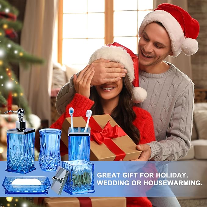 Bathroom Accessories Set,5 Pcs Blue Glass Bathroom Accessory Set,Complete Lotion Soap Dispenser, Toothbrush Holder,Soap Dish,Tumbler & Jar,Modern Bathroom Decor Sets Gift,Square