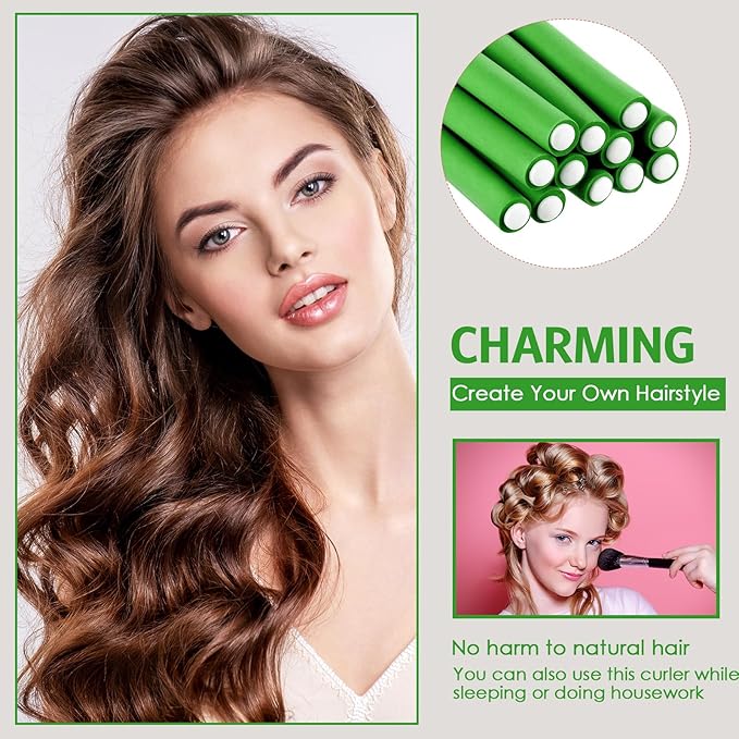 Syhood 30 Pcs Flexible Curling Rods 9.45 Twist Foam Rollers Soft Foam No Heat Hair Rods Rollers and 1 Steel Pintail Comb Rat Tail Comb for Women Long Short Hair(Green,9.45 x 0.79 Inch)