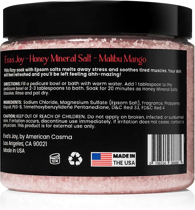 Eva's Joy Malibu Mango Mineral Bath and Foot Soak, Made With Epsom Salt Crystals, Oil-Free, Exfoliating & Nourishing, Refreshing Tropical Scent, Cleanses & Hydrates Skin, 16 oz