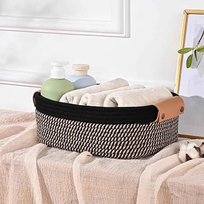Storage Baskets for Organizing, Small Woven Basket Set of 6-4 Shelf Basket with Leather Handle and 2 Small Gift Baskets, Cotton Rope Basket for Shelves, Nursery, Dog Toy, Bathroom