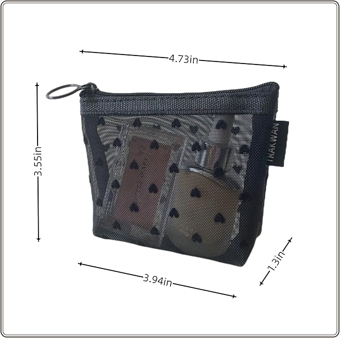 Mini Mesh Heart Makeup Bag Set, Mesh Cosmetic Bags with Zipper, Makeup Lipstick Cosmetic Accessories Organizer Bag, Mesh Pouch for Travel (Black-6pcs)