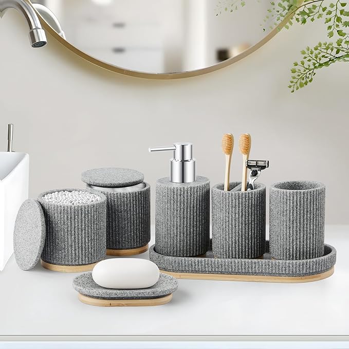 7PCS Bathroom Accessories Set, with Soap Dispenser, Q-tip Holder, Toothbrush Holder, Tumbler, Soap Dish, Vanity Tray, Bathroom Set Complete Organizer Countertop for Modern Decor, Grey