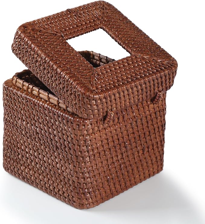 Rattan Square Tissue Box Cover, 5.7" x 5.7" x 5", Decorative Woven Facial Tissue Holder with Hinged Top Lid, Brown