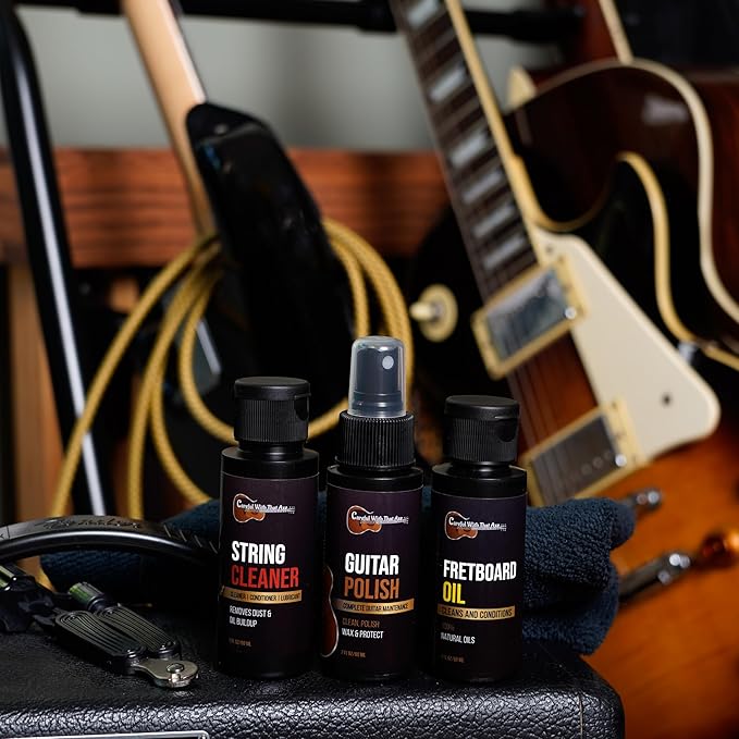 Guitar Cleaner Polish, String Cleaner, Winder and Fretboard Oil Care Kit | MADE IN USA | Guitar Oil and Cleaner for Body, Strings and Fretboard Fingerboard - Cleans, Polishes, and Protects