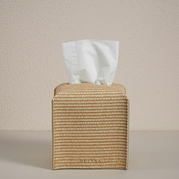 OLETHA Square Tissue Box Cover - Aesthetic Desk Decor for Room, Home & Office - Tissues Cube Boxes Holder - Rattan Textured, Set of 2