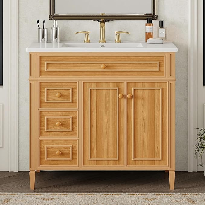 Harper & Bright Designs 36" Bathroom Vanity with Sink, Free Standing Single Basin Vanity Set with Tip-Out Drawer, 2 Drawers, and 2 Doors, Wood Bathroom Cabinet with Ceramic Basin for Bathroom, Wood
