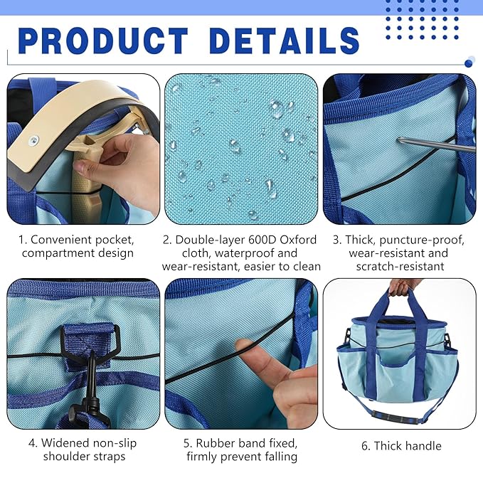 Abbylike Grooming Tote Bag for Horses and Dogs Organize Tack Tools Equestrian Grooming Kit Care Portable with Multiple Pockets for Supplies(Stylish,10.63 x 10.63 x 9.45 Inch,Blue)