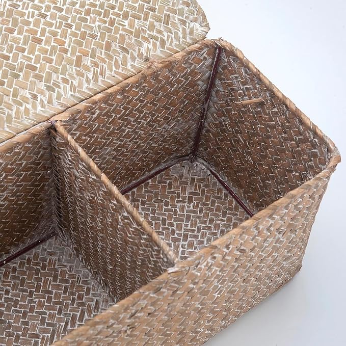 Seagrass Storage Basket for Bathroom - Wicker Toilet Tank Basket with Lid - Woven Storage Box for Organizing (Whitewash, 16.5" x 5.5" x 5.5")