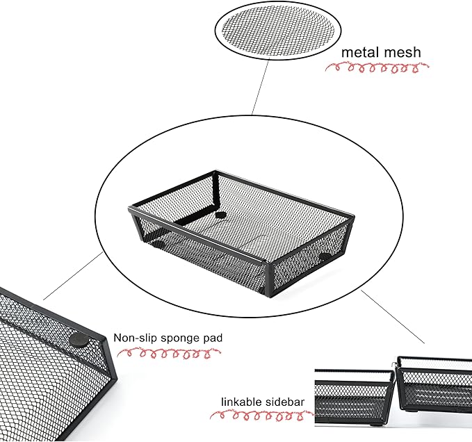 ihomecooker Mesh Tray Silverware Drawer Organizer, Utensil Cutlery Tray Office Supplies with Interlocking Arm Drawer Dividers Organizer for Flatware, Knives,Home,Office, School,Bedroom 9X6＂Black