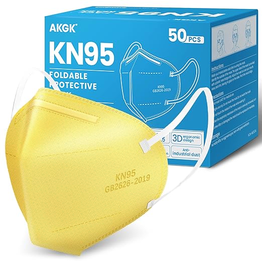 akgk KN95 Face Mask 50 PCS, Breathable Protection Masks, 5-Ply KN95 Yellow Masks, Cup Dust Safety Masks