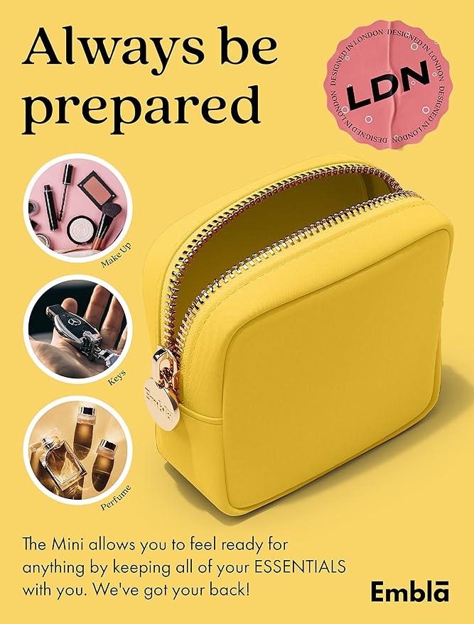Embla Makeup Bag Travel Cosmetics Pouch and Toiletry Bag, Nylon Zipper Pouch Purse, Cute Make Up Organizer Storage Tote for Women Girls, Waterproof Travel Skincare Case, Small Makeup Bags, Lemon