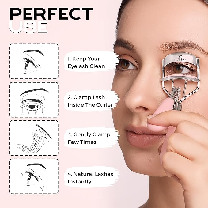 Eyelash Curler with Comfort Grip – Professional Stainless Steel Lash Curler with Soft Silicone Pads | No-Pinch, Long-Lasting Curl for All Eye Shapes | Ergonomic Handle Makeup Tool (Pink)