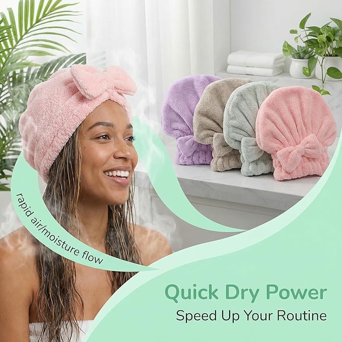 Microfiber Hair Towel for Travel, Quick Drying Hair Turban with Bow, Super Absorbent Anti Frizz Hair Wrap for After Shower, Lightweight Hair Cap for Women Curly Thick Hair (One Pink + One Green)