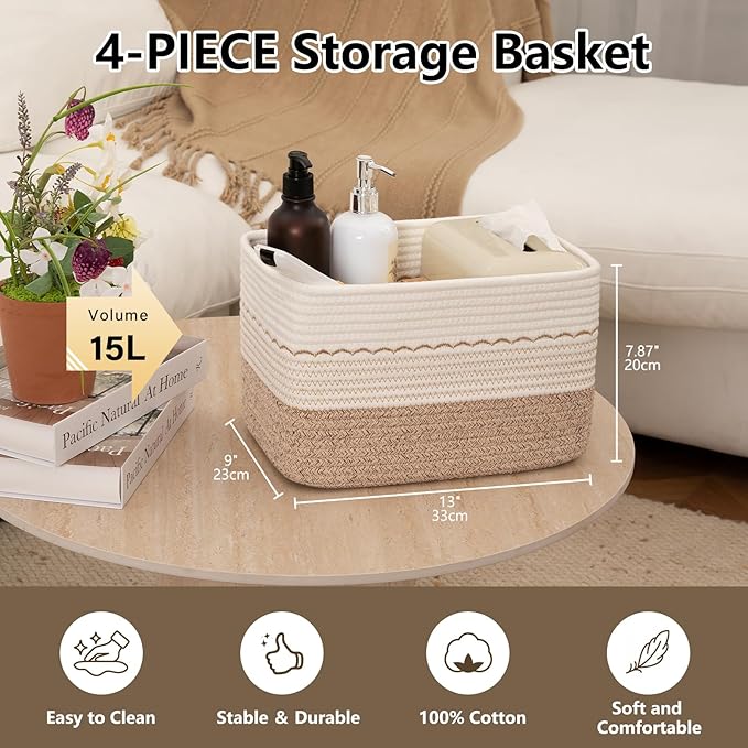 4 Pack Storage Baskets for Organizing, 13"X9"X7.87", Decorative Cotton Rope Baskets for Shelves, Small Woven Basket for Toys, Books and Towels, Brown & White