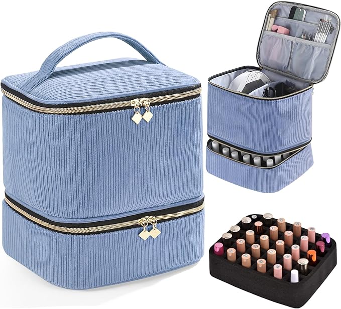 Corduroy Nail Polish Organizer and Nail Lamp Case, Nail Kit Organizer Holds 30 Bottles (15ml - 0.5 fl.oz) and a Nail Lamp, Nail Polish Carrying Case with Manicure Tools Storage Sections (Blue)