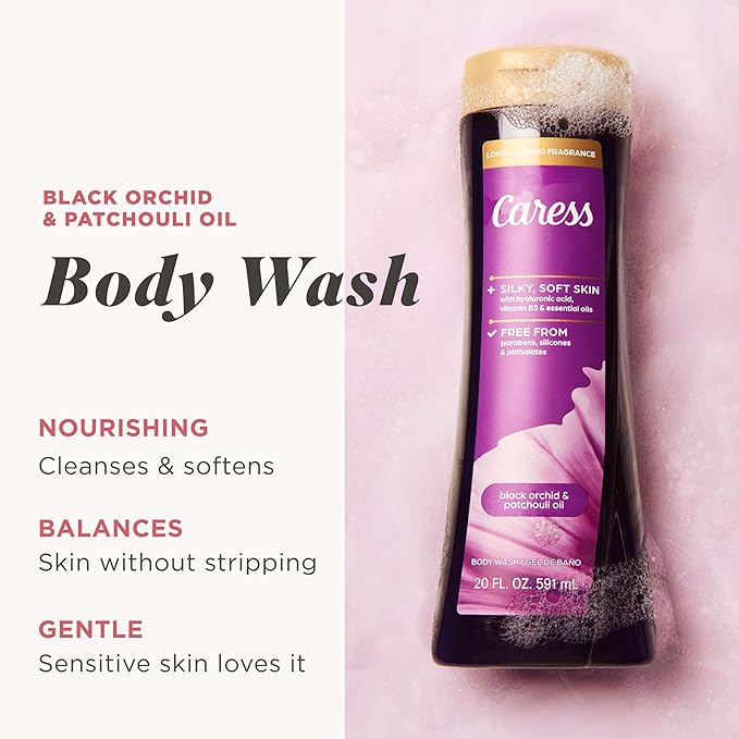 Caress Black Orchid & Patchouli Oil Body Wash, Hyaluronic Acid & Vitamin B3 for Moisturized, Silky Soft Skin, Long-Lasting Exotic Fragrance, 20 fl oz (4 Pack)