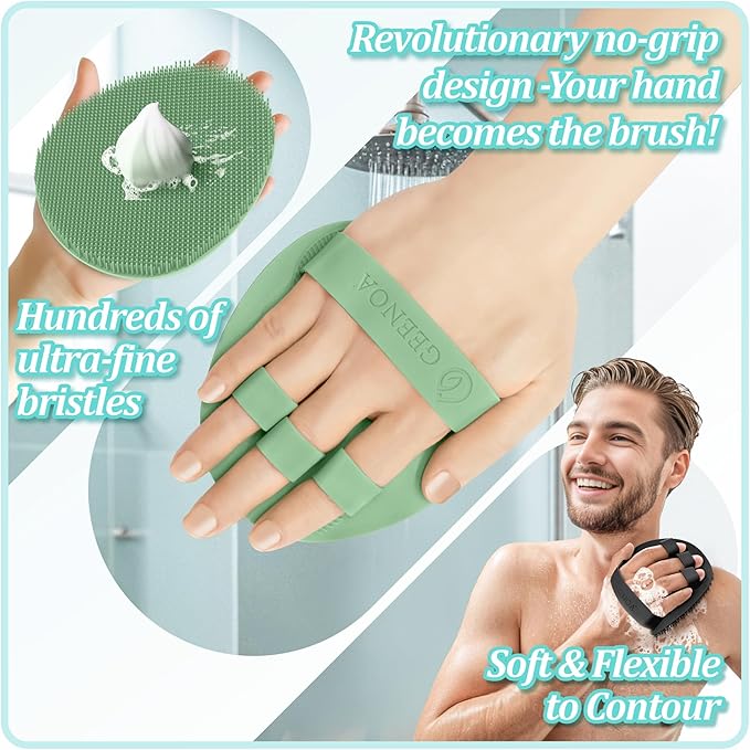 Silicone Bath Glove & Face Scrubber Set 2PCS, 360° Anti-Slip & Hand-fit Body Scrubber for Rich Foaming Deep Cleaning, Unique Facial Scrubber with Side-bristles for Contoured Areas.(Green)
