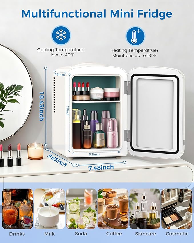 Mini Fridge for Bedroom, 4L/6 Cans Small Cosmetic Fridge for Skincare, Makeup, Medicine & Beverage, Portable Desk Fridge Cooler and Warmer for Kids, Car, Office, Dorm, White
