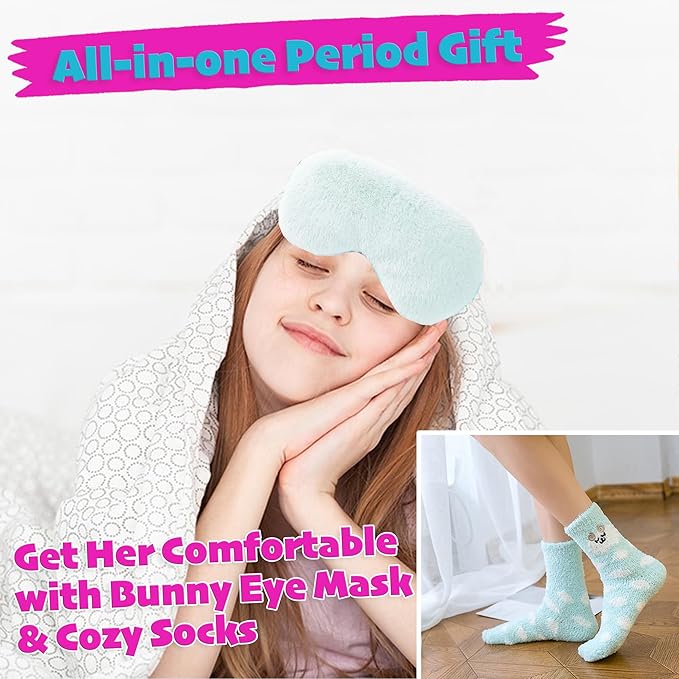 First Period kit for Girls | 22 PC Period Packs for Young Girls First Time | First Period Gift for Teen Girls with Sanitary Pad Storage Bag, Wipes, Bracelet, Eye Mask, Socks and More(Mint)