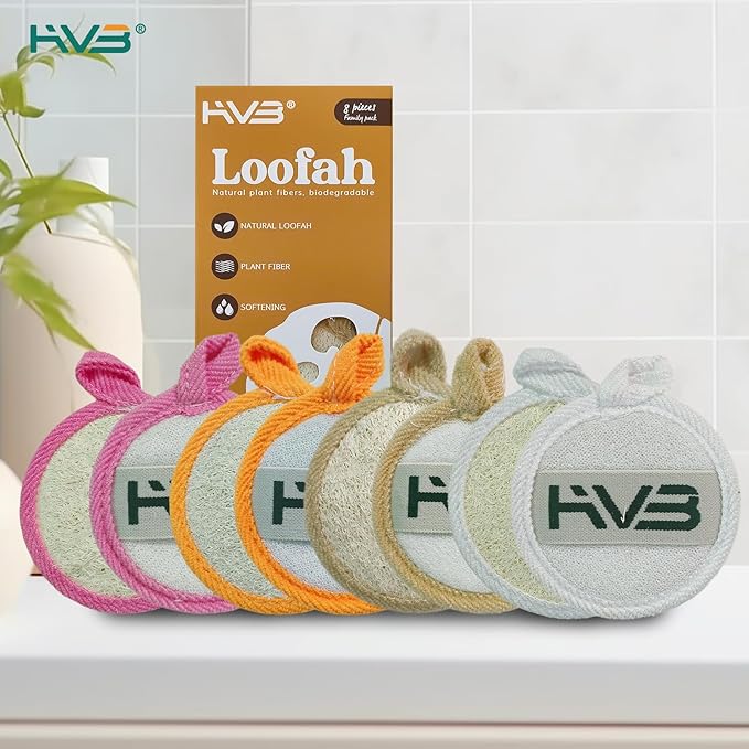 HVB Natural Loofah Exfoliating Facial Sponge. Premium Loofah Facial Brush, Made from Natural loofah, Suitable for Both Men and Women, Designed for Facial Cleansing. Pack of 8 (1 Box)