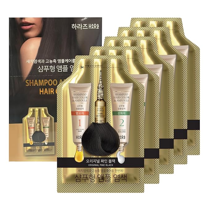 Instant Hair Dye Shampoo Ampoule, Permanent Hair Color Dye - Paraben-Free, 5-Minute Easy and Fast Coloring, Gray Cover Hair Dye with Keratin & Collagen, Made in Korea (Fine Black)