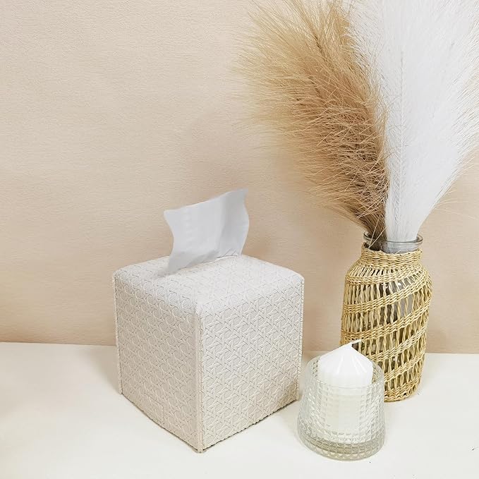 HOMOTEK 2 Pack Tissue Box Cover,PU Leather Tissue Holder,Square Decorative Facial Tissue Cube Paper Organizer Dispenser for Bathroom, Night Stands, Desk, Car 5X5X5'' - Rattan Weave, Ivory