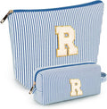 2 PCS Initial Makeup Bags for Women: Cosmetic Bag for Travel Toiletry - Birthday Gifts for 11 12 13 14 15 16 17 18 Years Old Girl Graduation Teacher Gift- Teen Girl Gifts Trendy Stuff - Blue R