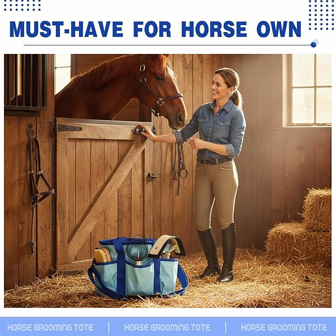 Abbylike Grooming Tote Bag for Horses and Dogs Organize Tack Tools Equestrian Grooming Kit Care Portable with Multiple Pockets for Supplies(Stylish,10.63 x 10.63 x 9.45 Inch,Blue)