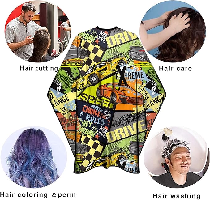 Barber Cape for Men Professional Hair Cutting Salon Cape with Snaps Waterproof Hairdressing Styling Cape Gown Apron- 63”× 56”(Super Cars)