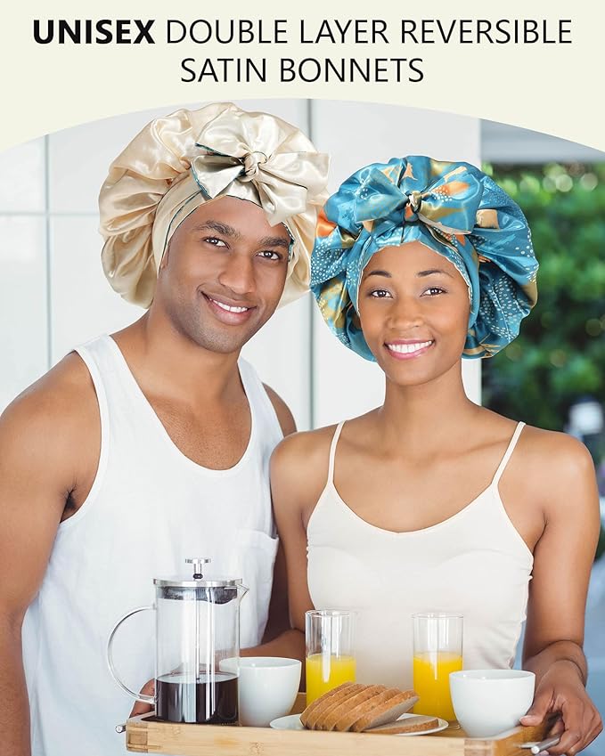 Satin Bonnet Silk Hair Wrap for Sleeping - Reversible Cap with Tie Band Night Cap Double Layer for Curly Hair (Lake Blue Leaves + Champagne)